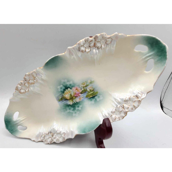 Antique 1890s RS Prussia Gold Trimmed Reflecting Water Lilies 9.5" Celery Dish - Picture 1 of 10